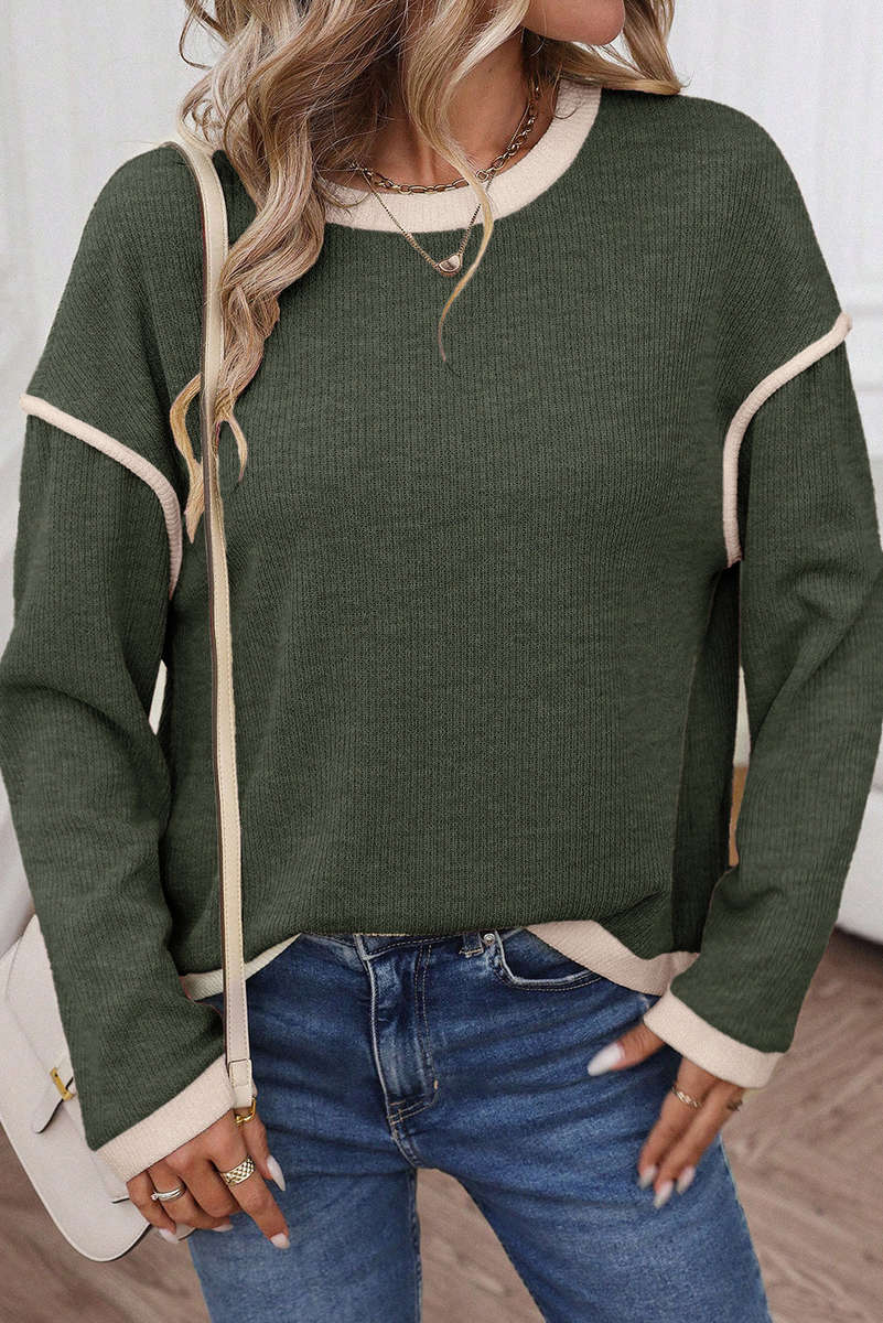Four Leaf Clover Contrast Color Trim Knit Drop Shoulder Loose Top