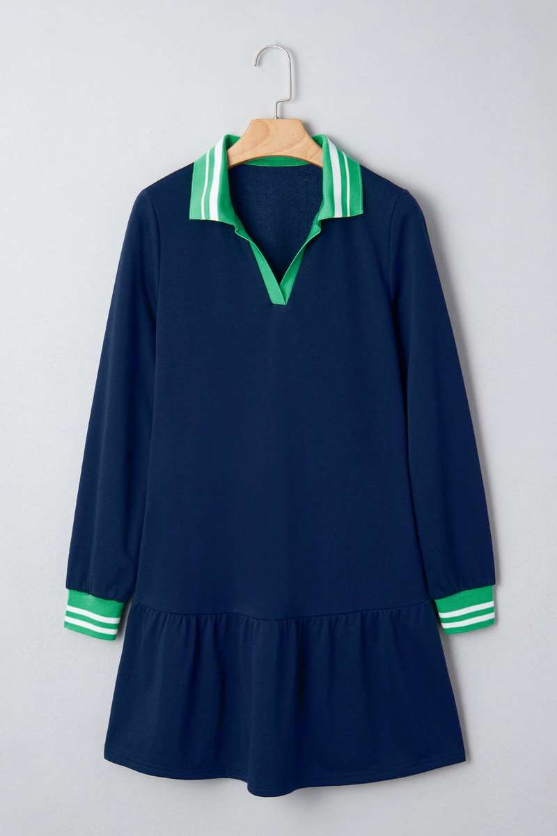 Navy Blue Contrast Striped Cuffs Polo Collar Patchwork Long Sleeve Ruffle Hem Mini Dress