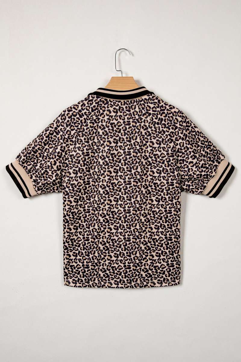 Brown Leopard Print Half Zip Striped Trim Patchwork Short Sleeve Top