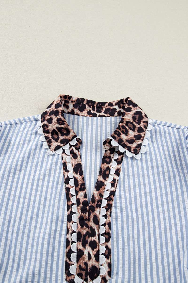 Sky Blue Stripe Plus Size Leopard Patchwork Collar Short Bubble Sleeve Blouse