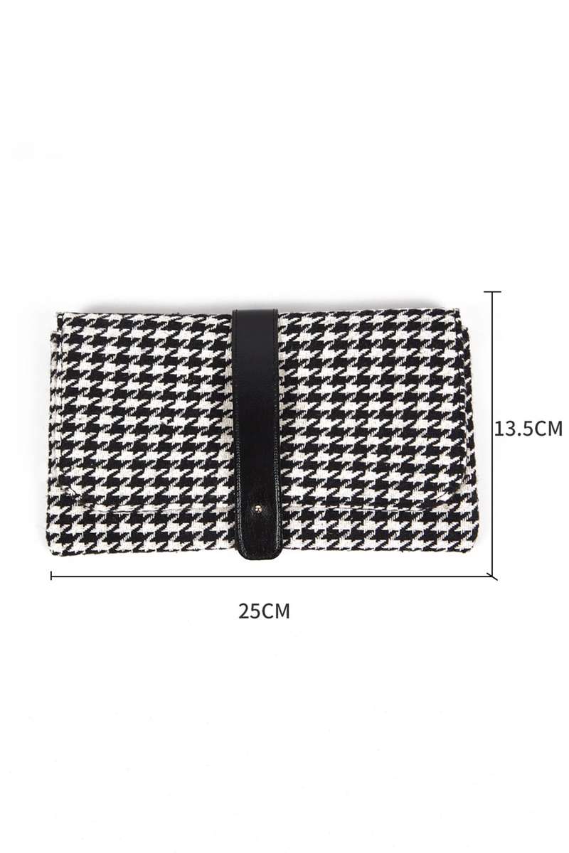 Black Houndstooth Print PU Leather Tab Patchwork Wallet Clutch Bag