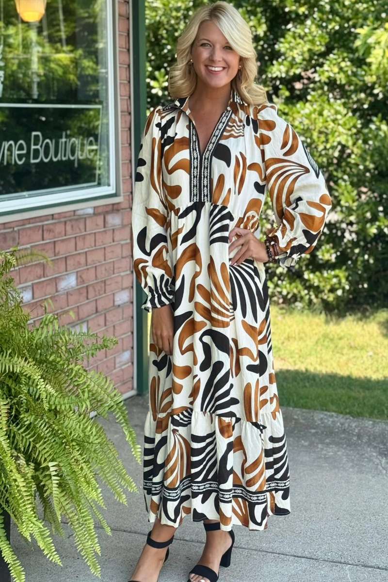Brown Tropical Printed Contrast Trim Neck Long Sleeve Ruffle Hem Dress