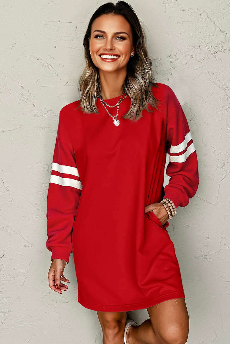 Fiery Red Varsity Contrast Banded Sleeve Shift Sweatshirt Dress