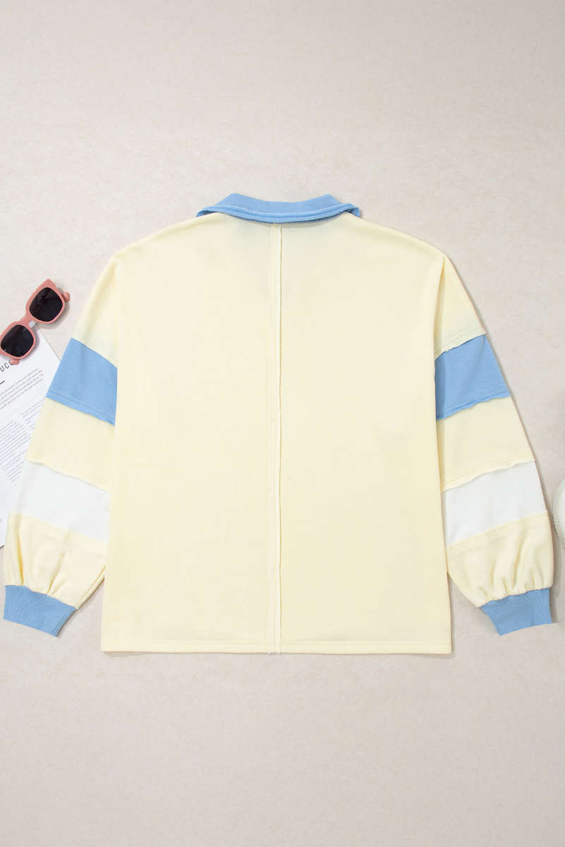 Yellow Cream Raw Seam Color Block Patchwork Plus Size V Neck Pullover