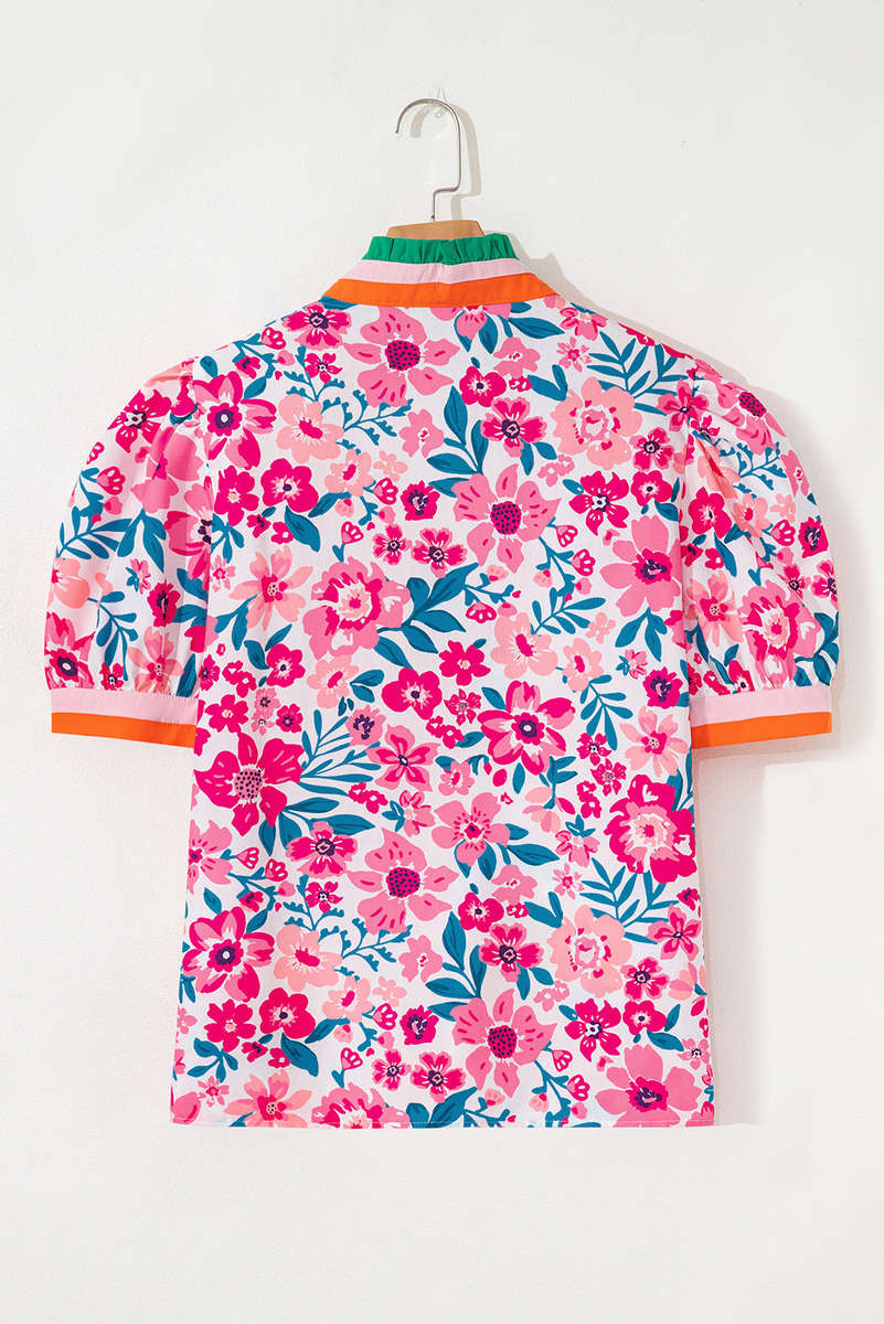 Pink Floral Print Contrast Striped Detail Short Sleeve Blouse