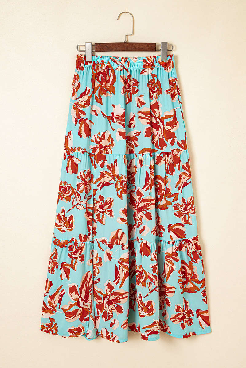 Green Bohemian Floral Print Tiered Maxi Skirt with Split