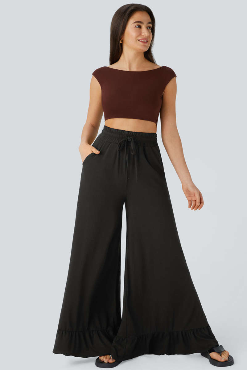 Black Ruffled Wide Leg Pull On High Waist Pants with Pockets
