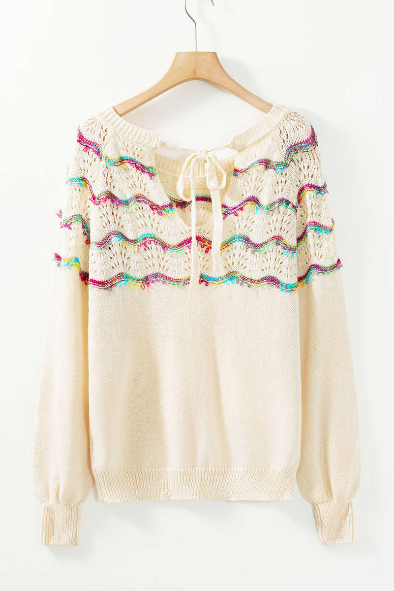 White Wavy Striped Pointelle Bishop Sleeve Sweater