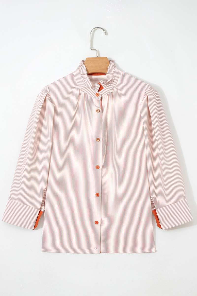 Khaki Stripe Color Block Patchwork Detail Frilled Collar Button Down Shirt