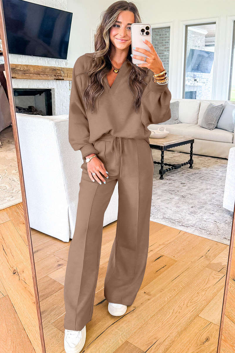 Dark Khaki Polo Collar V Neck Pullover and Drawstring Sweatpants Set