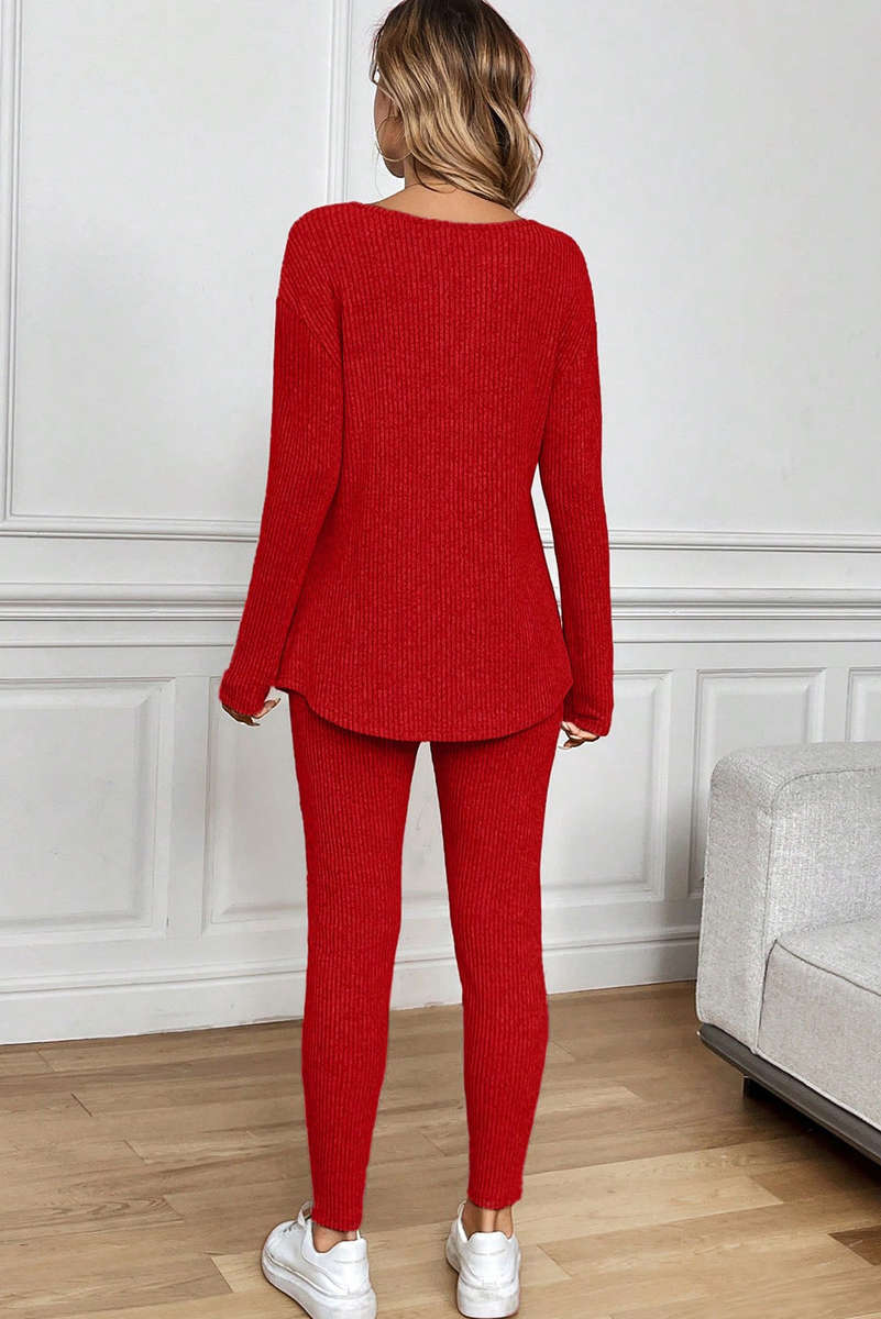 Racing Red Ribbed Notched Neck Knit Long Sleeve Leggings Two Pieces Lounge Set