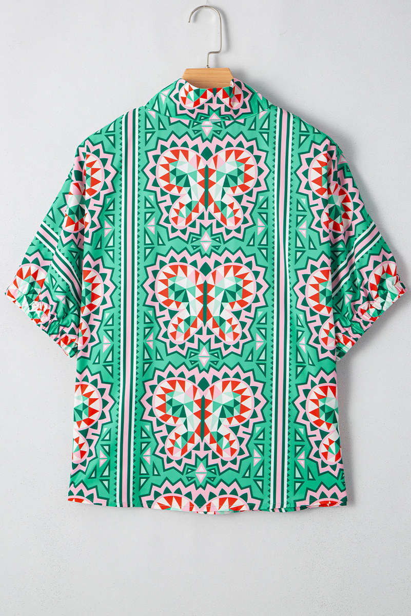 Sea Green Boho Abstract Print Contrast Striped Collared V Neck Blouse
