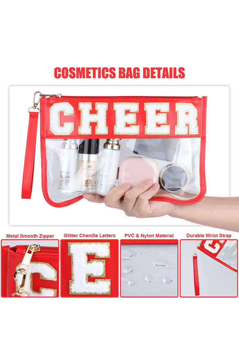 Fiery Red CHEER Chenille Letter PU Leather Patchwork Clear Makeup Bag