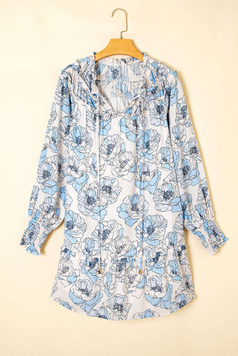 Sky Blue Floral Print Tie Neck Long Sleeve Flowy Mini Dress