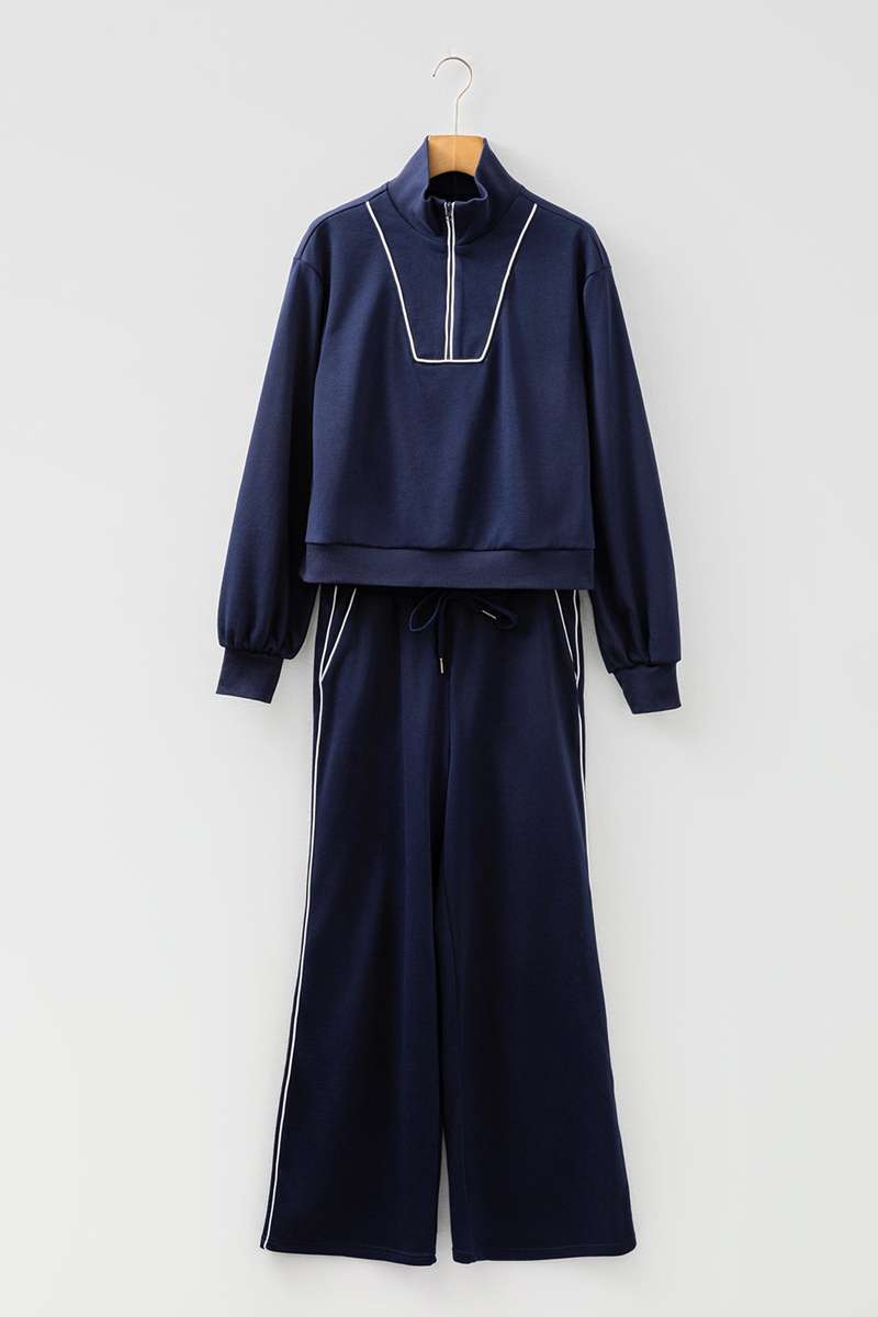 Navy Blue Contrast Piping Zipped Pullover Cropped Pants Set