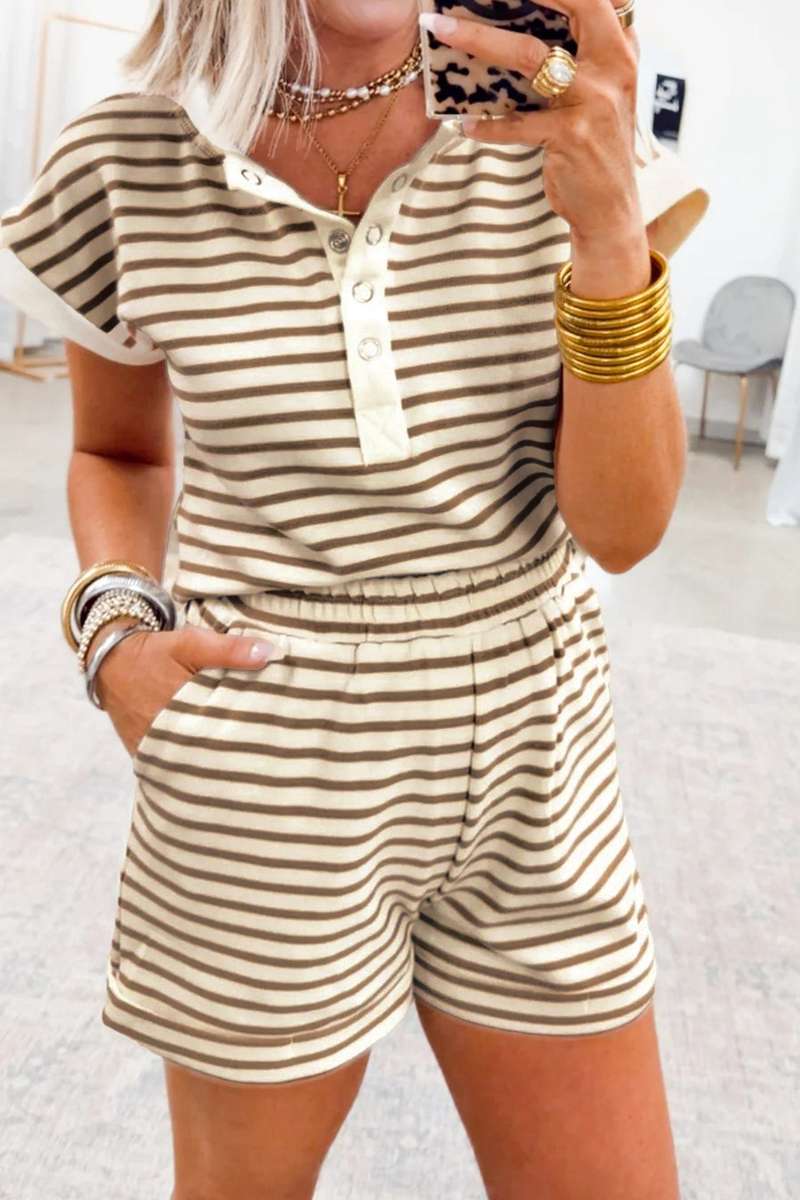 Brown Stripe Half Buttons Top and Shorts Set