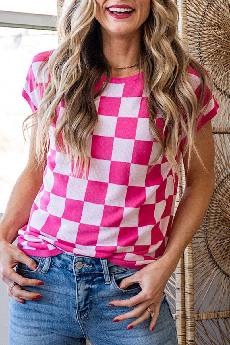Rose Check Pattern Cap Sleeve Knitted Sweater