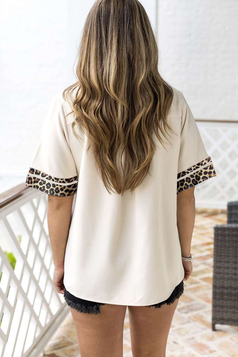 Jet Stream Leopard Patchwork Trim Split Neck Short Sleeve Blouse