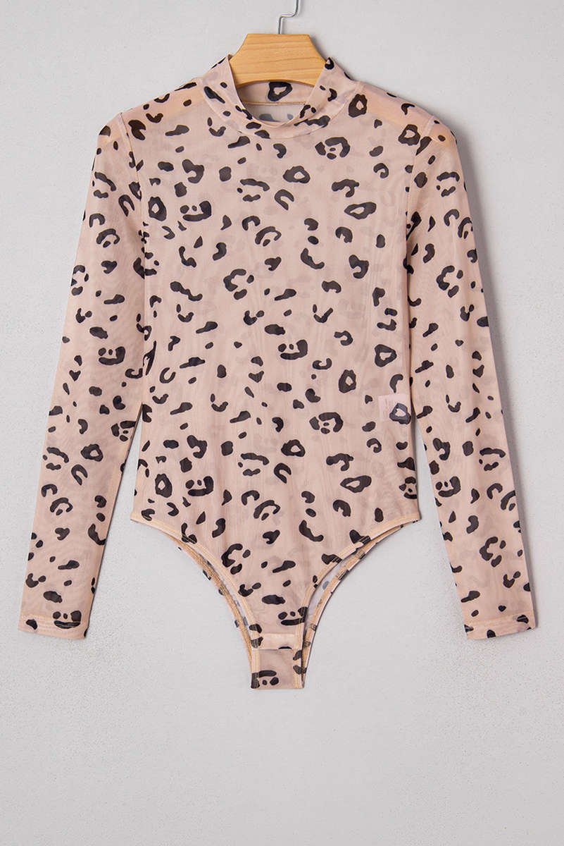 Khaki Mock Neck Sheer Mesh Leopard Long Sleeve Bodysuit