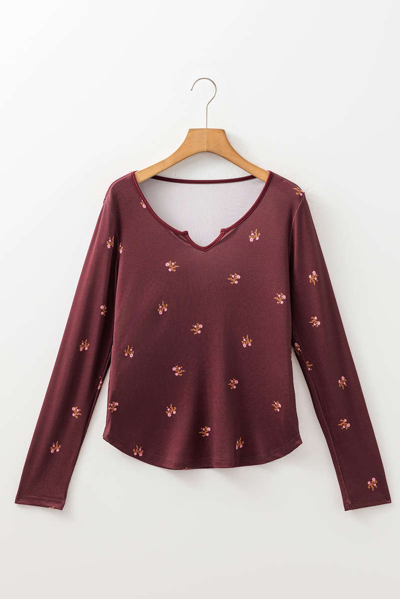 Burgundy Notched Neck Floral Print Ribbed Long Sleeve Top