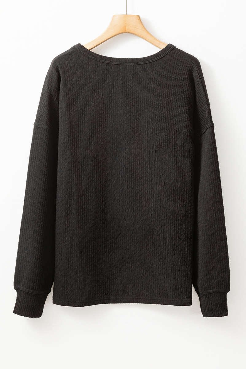 Black Solid Color Corded Drop Shoulder Long Sleeve Top