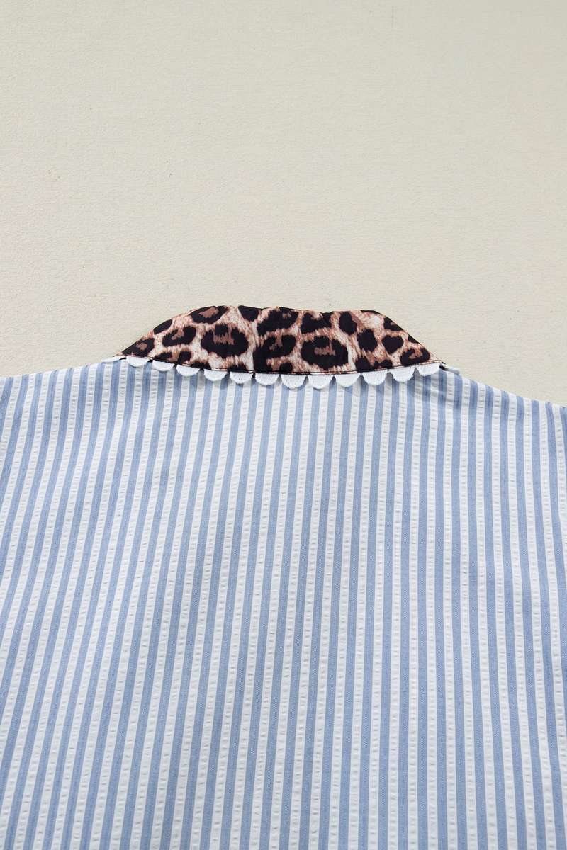 Sky Blue Stripe Plus Size Leopard Patchwork Collar Short Bubble Sleeve Blouse