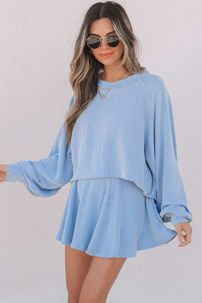 Sky Blue Corded Lantern Sleeve Top High Waist Ruffled Mini Skirt Set
