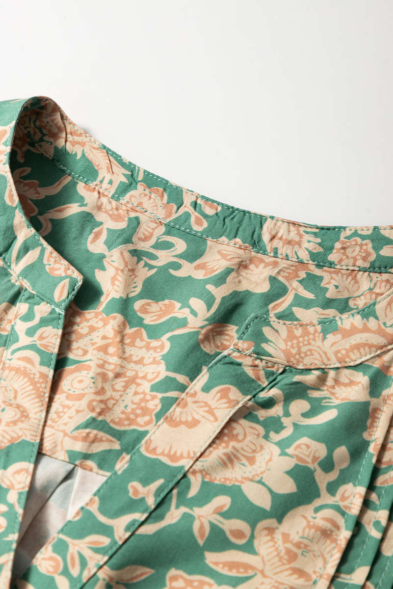 Green Floral Print Pleated Buttoned V Neck Short Sleeve Blouse