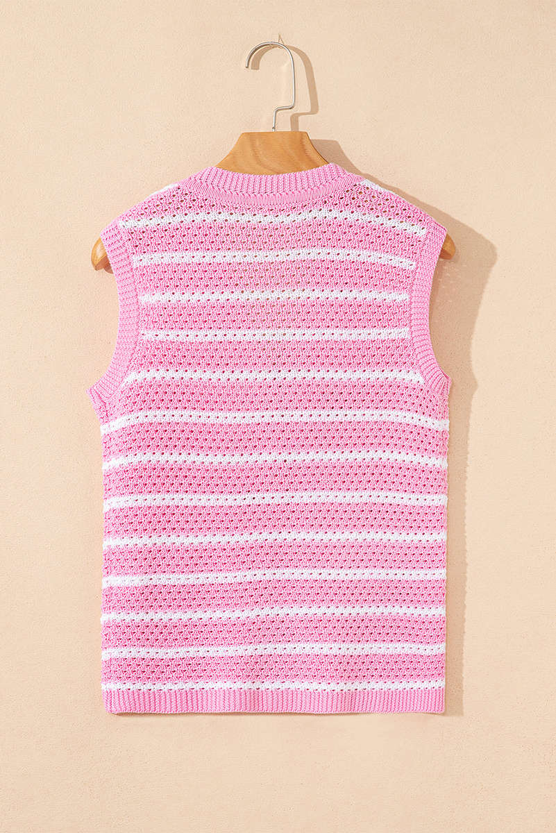 Pink Stripe V Neck Gold Buttons Elegant Sweater Vest