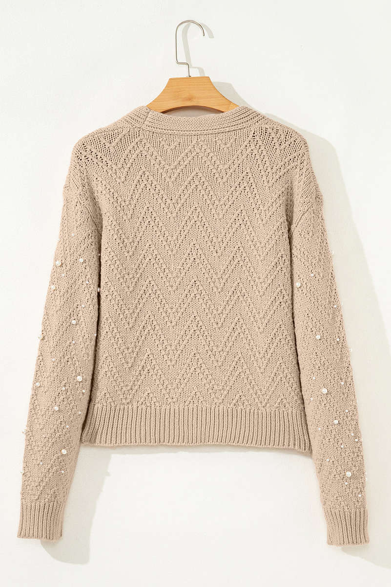 Smoke Gray Pearl Embellished Button Front V Neck Sweater Cardigan