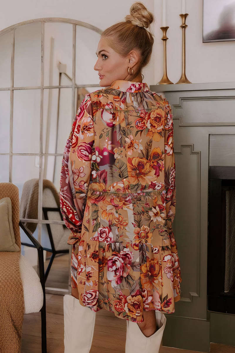 Brown Vintage Floral Print Shirt Style Half Button Long Sleeve Ruffle Mini Dress