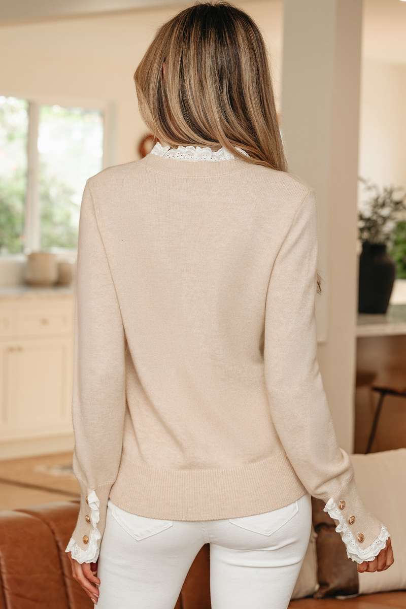 Jet Stream Lace Trim Patchwork Buttoned Cuffs Loose Sweater