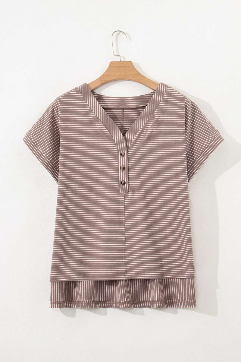 Khaki Stripe Buttoned V Neck High Low Side Slit T Shirt