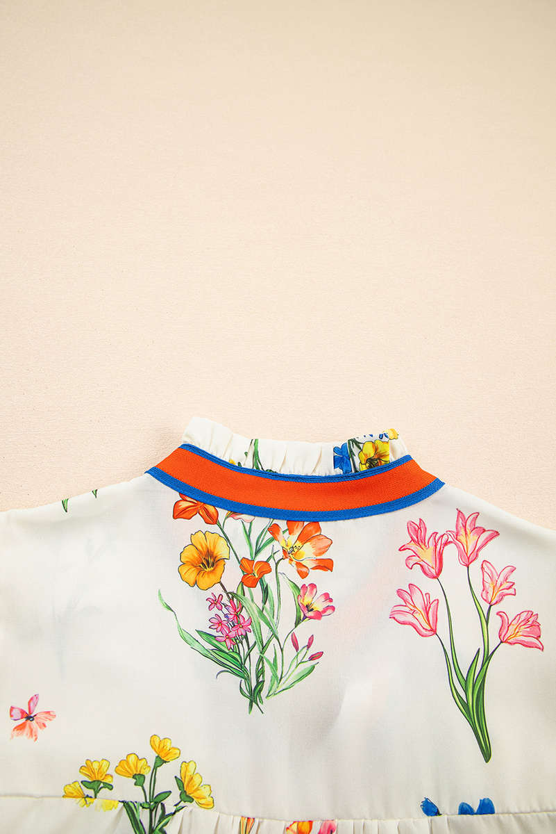 White Floral Short Puff Sleeve Contrast V Neck Print Blouse