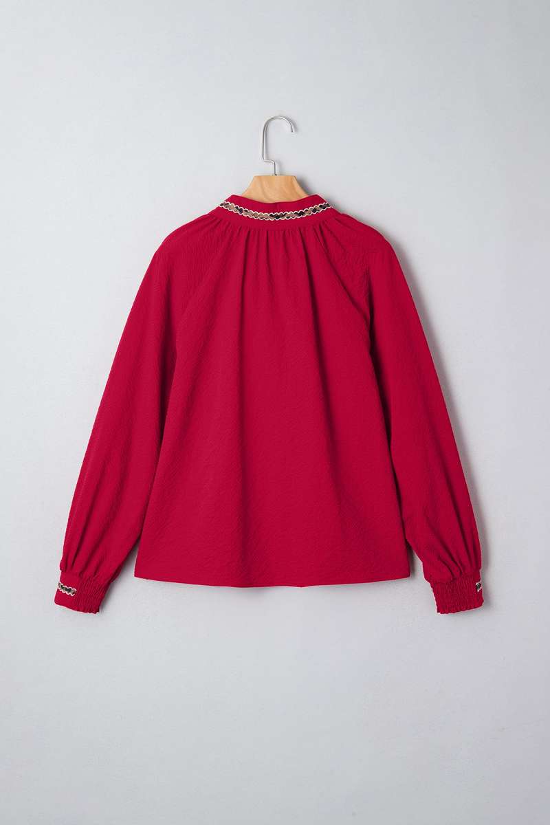 Racing Red Leopard Jacquard Print V Neck Textured Blouse