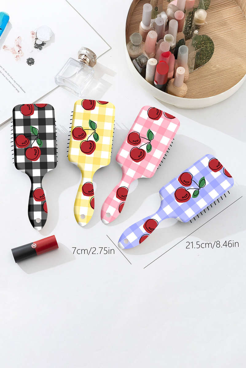 Pink Checkered Cherry Print Large Detangle Air Cushion Comb