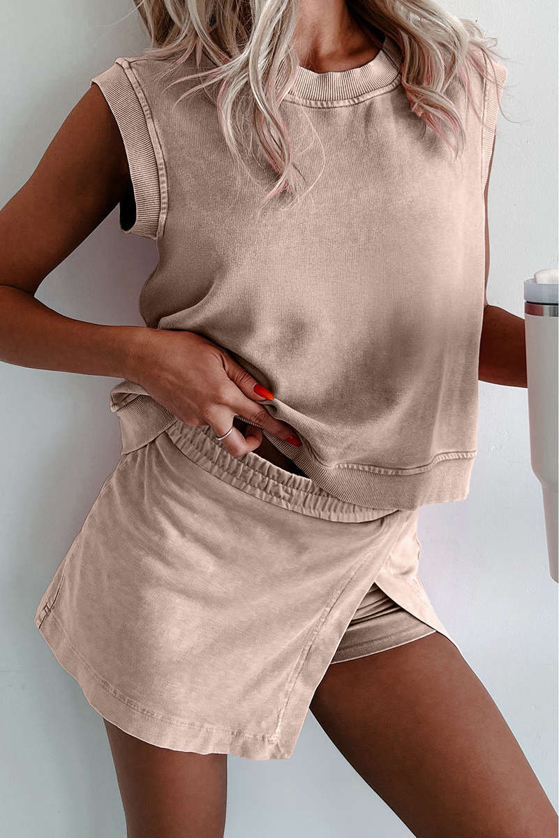 Smoke Gray 2 Pieces Mineral Wash Cotton Tank Top Lined Split Skirt Set