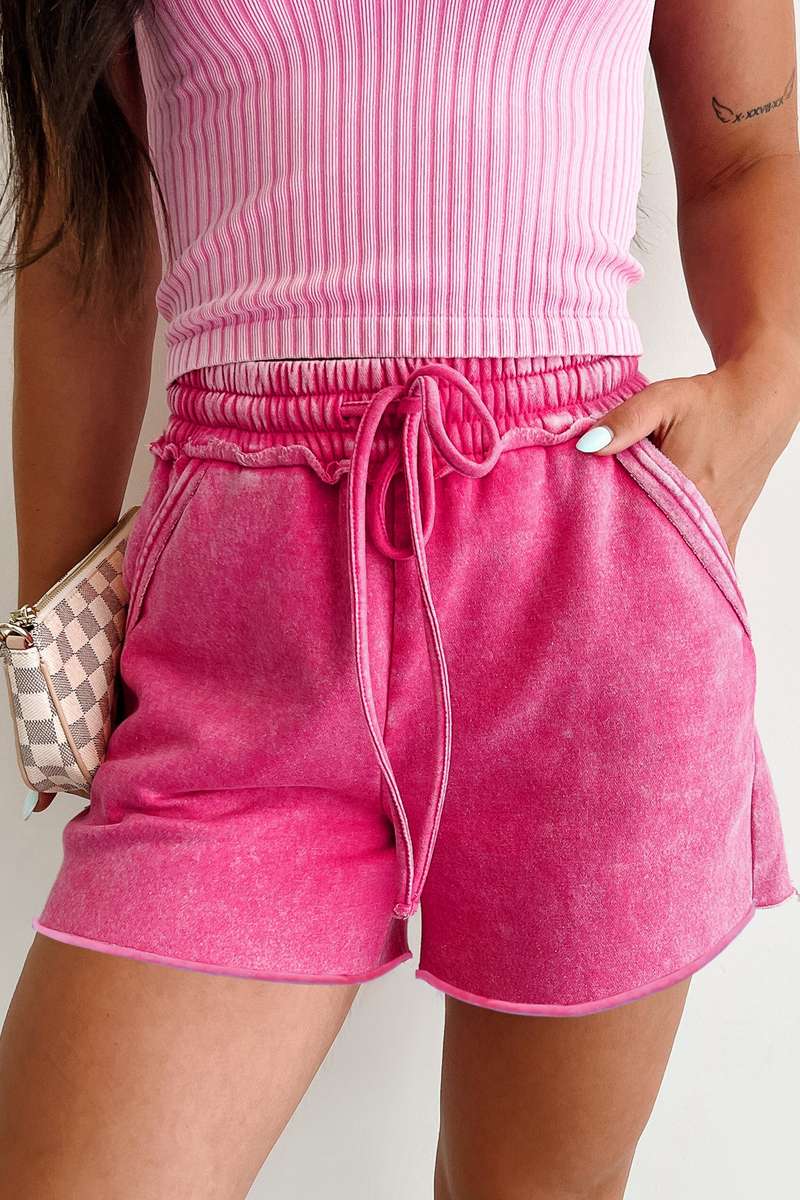 Rose Red Mineral Washed Drawstring Elastic Waist Raw Cut Shorts