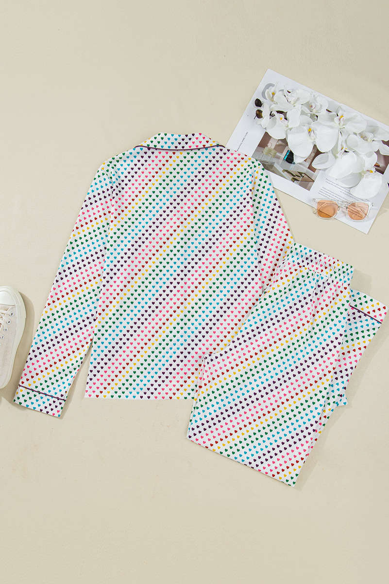White Pride Heart Print Valentines Long 2pcs Pajama Set