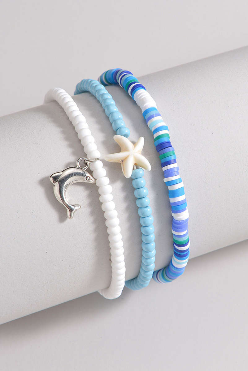 Light Blue Dolphin Starfish Decor Beaded Three Layer Anklet