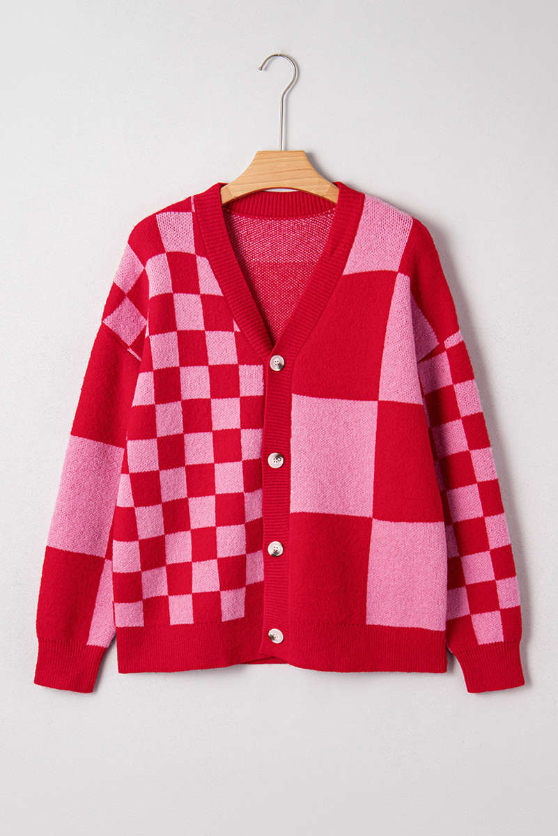 Fiery Red Mixed Plaid Relaxed Sweater Cardigan