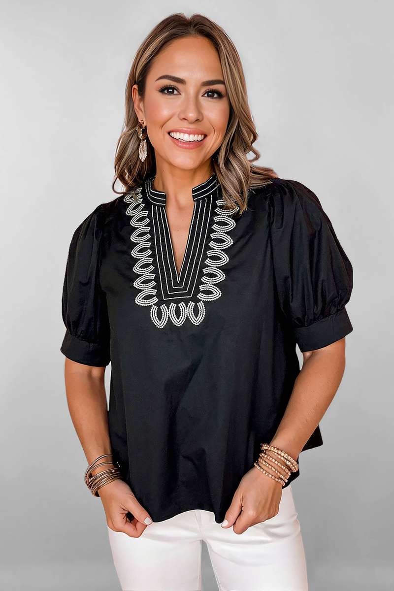 Black Short Puff Sleeve Contrast Embroidered Detail V Neck Blouse