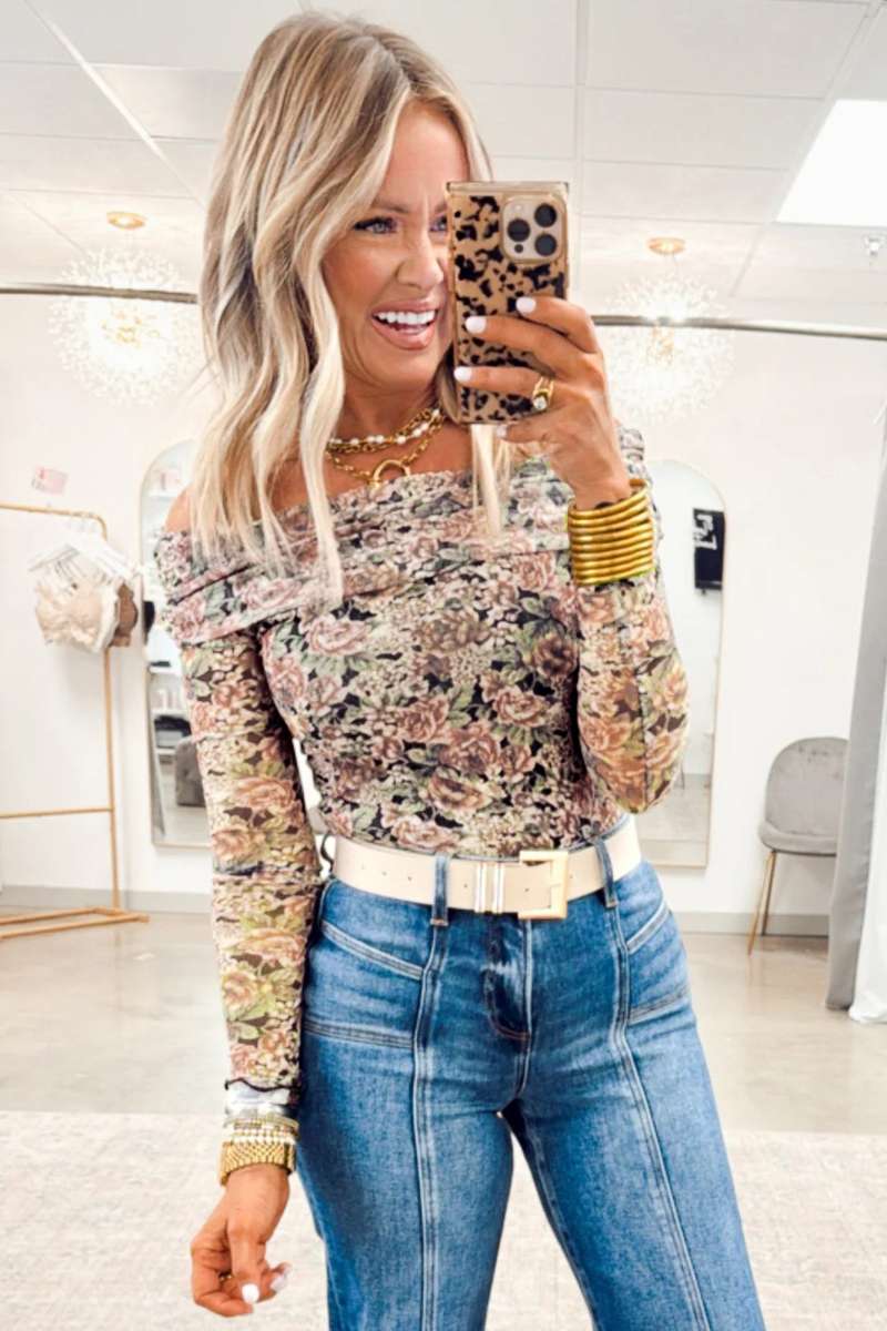 Black Floral Print Mesh Long Sleeve Foldover Off Shoulder Top