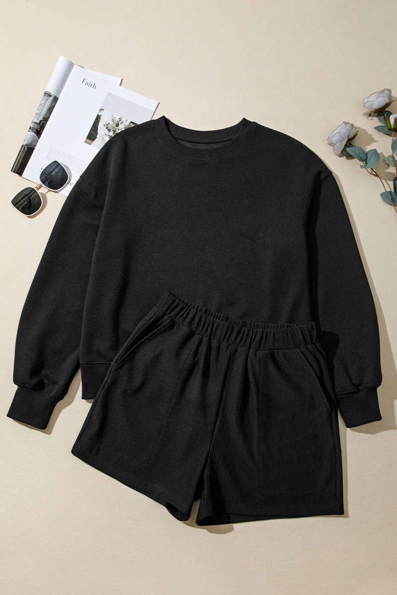 Black Ribbed Texture Baggy Drop Shoulder Pullover and Shorts Set