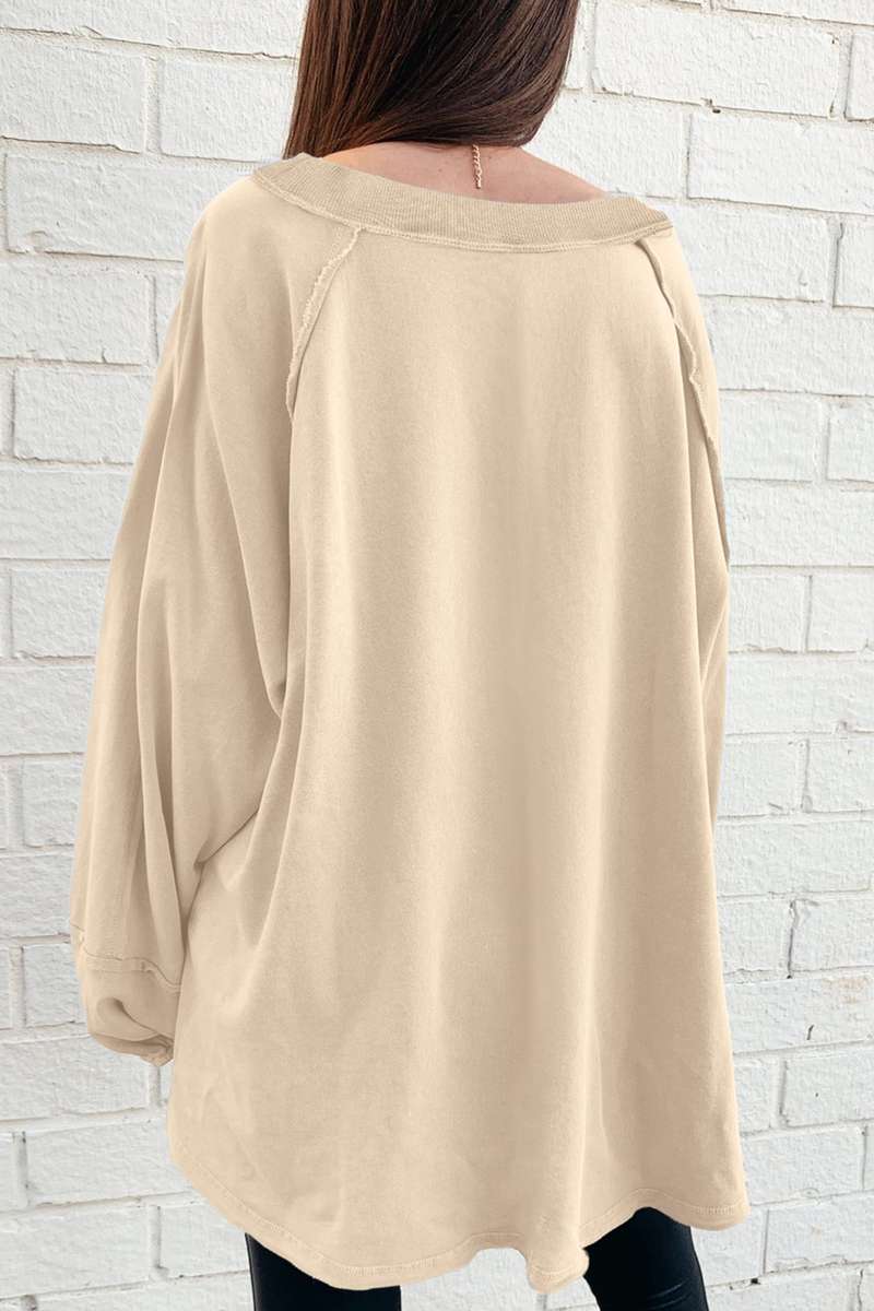 Beige Solid Color Raw Seam Patchwork Baggy Sweatshirt
