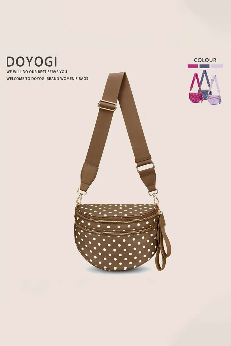 Camel Polka Dot Print Gold Chain Strap Double Zipper Crossbody Bag