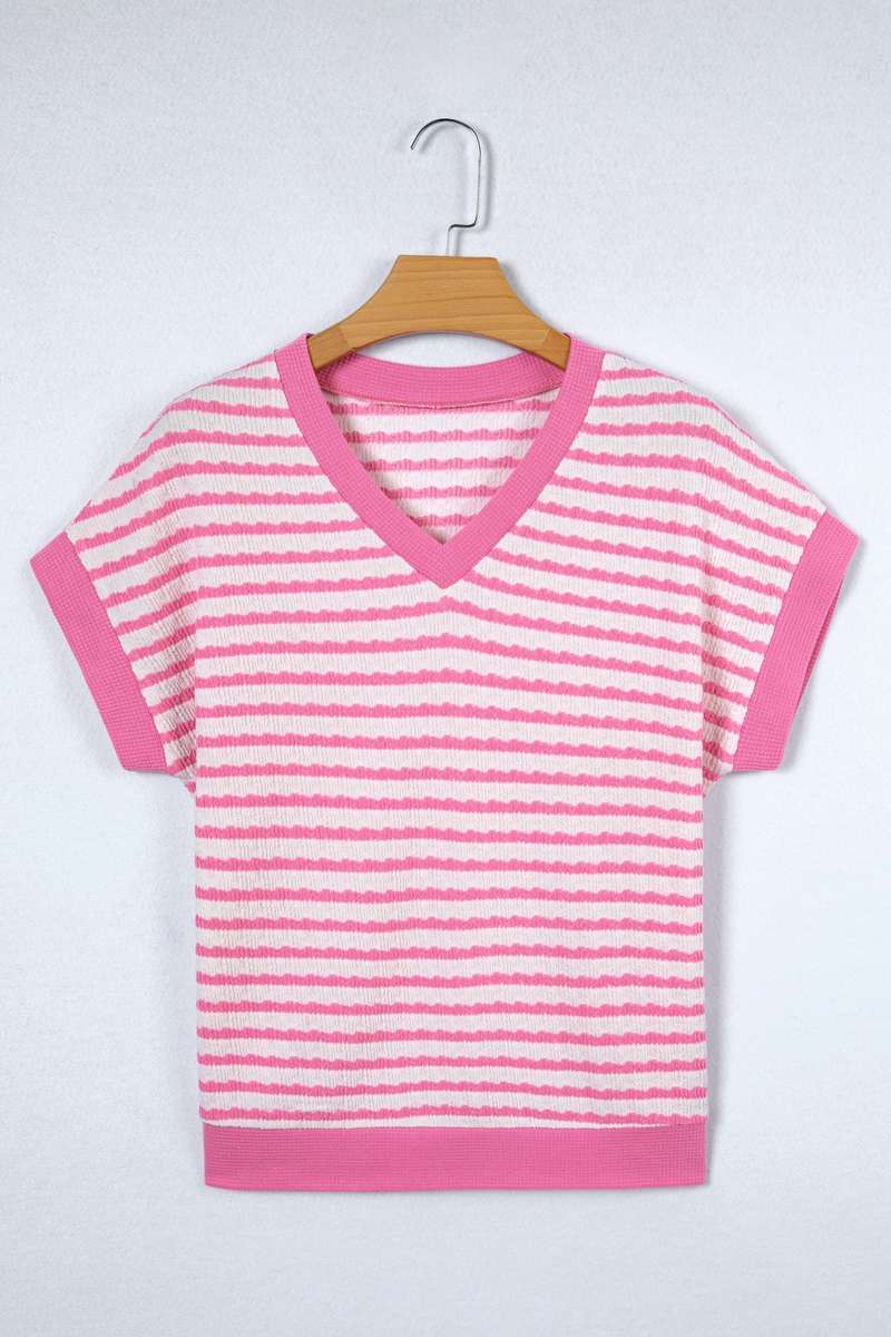 Pink Stripe Textured Knit Contrast Trim V Neck Short Sleeve Top