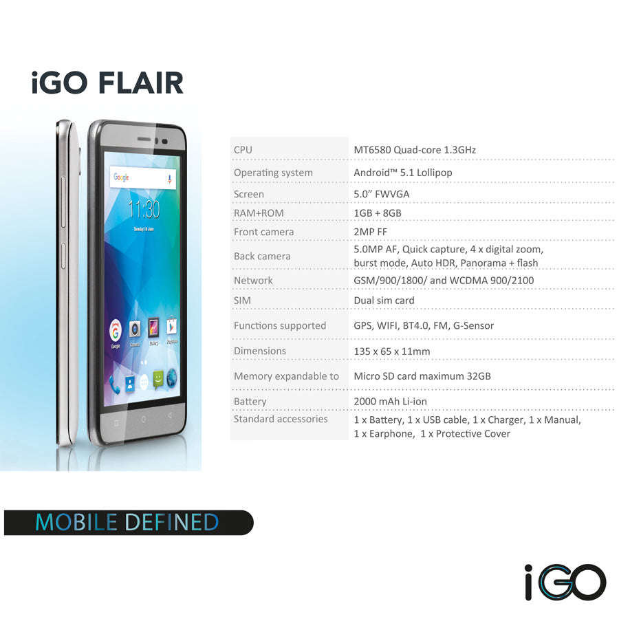 IGO Flair 5 inch Android Smartphone - Black / New