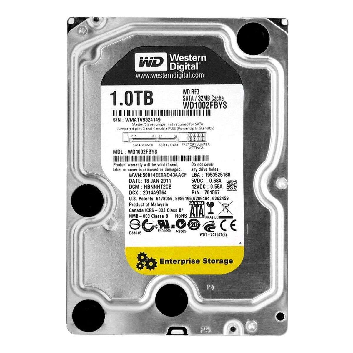 Pre-Owned Western Digital WD1002FBYS - 1TB SATA Hard Drive - 3.5" - 7200RPM - 3GB/s