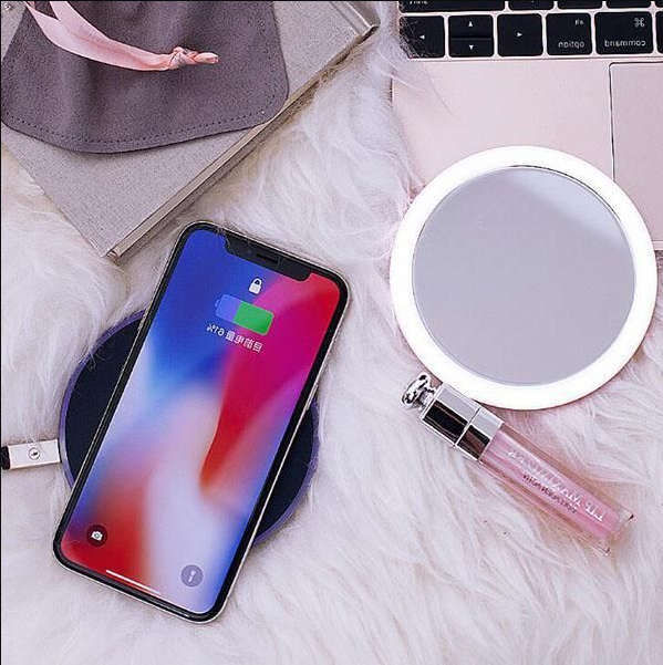LED Portable Makeup Mirror With Built In Wireless Charger Rose Gold